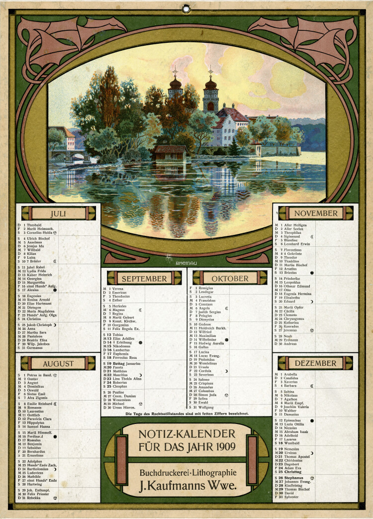 1909: Blick vom Rhein auf das Kloster Rheinau. Kalender der Druckerei J. Kaufmanns Witwe (nachmals Druckerei Sailer)